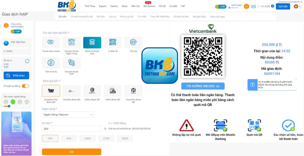 Nạp tiền BK8 bằng ví điện tử và quét mã QR ngân hàng tại hệ thống